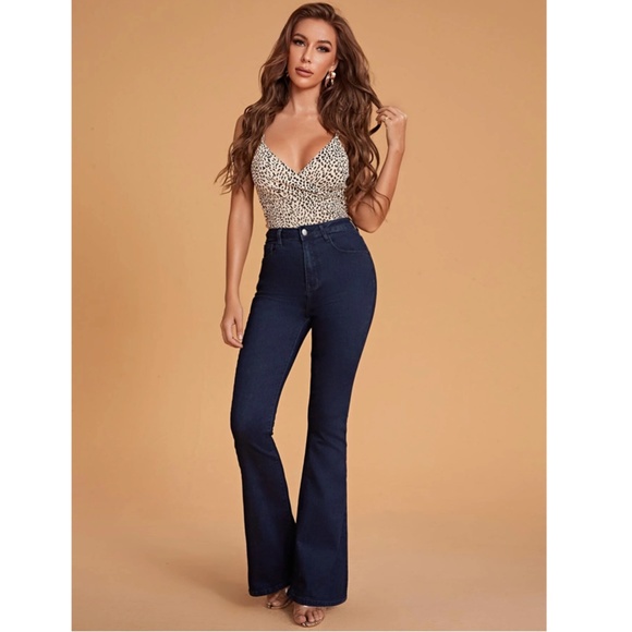 High Waist Flared Dark Wash Blue Denim Jeans Bell Bottom - Picture 4 of 11